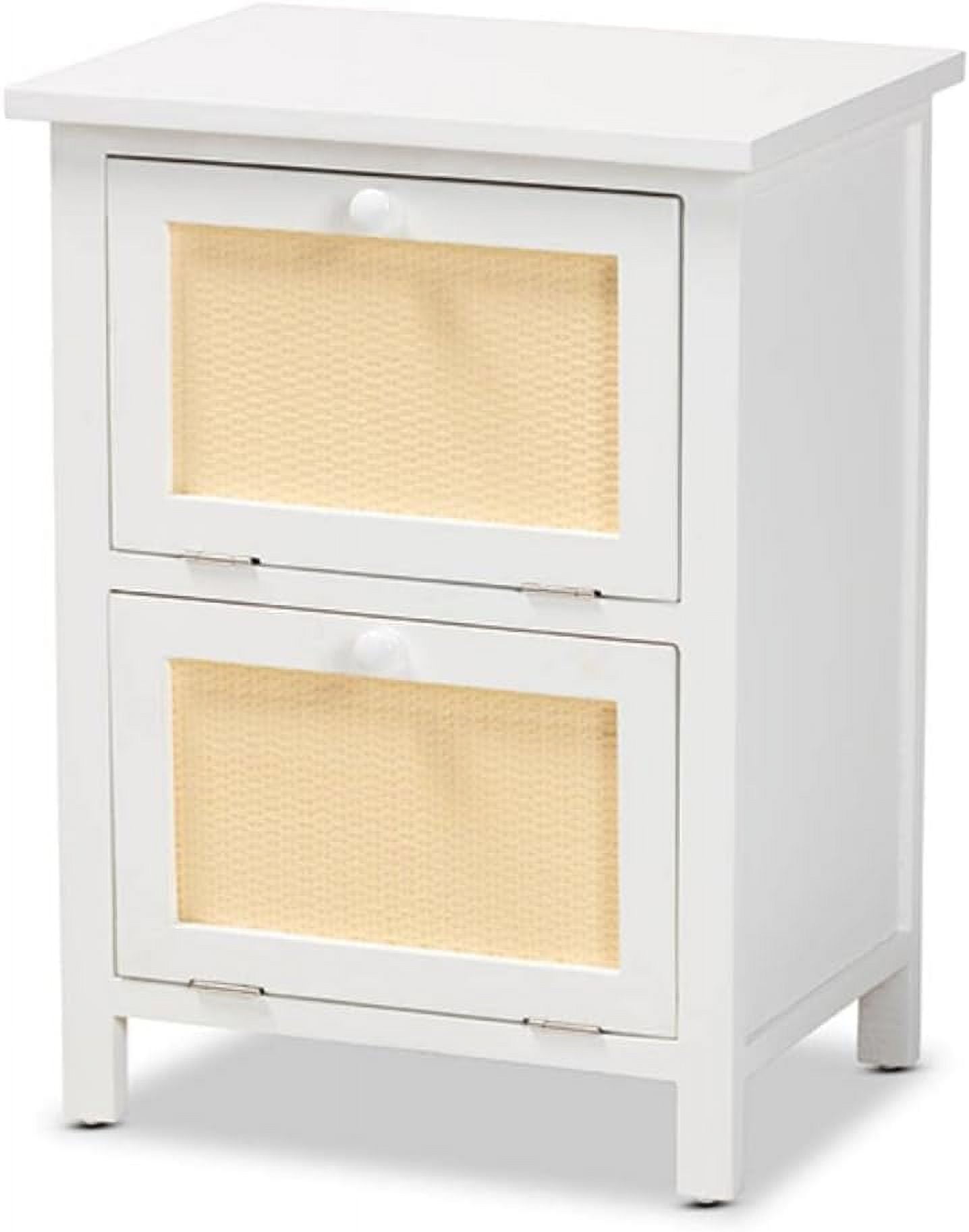 Sariah Mid-Century Rattan Accented 2-Drawer Nightstand - White