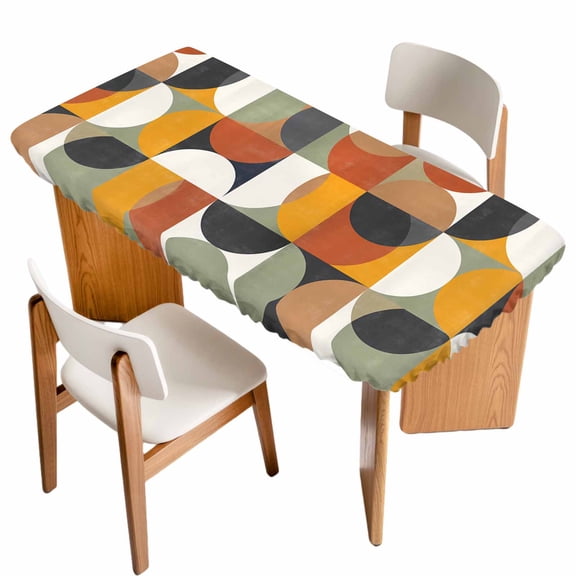 Mid-Century Modern Fitted Rectangle Tablecloth 24" x 50" Abstract Geometric Semicircle Green Elastic Table Cloth Fits for 4 Foot Folding Tables Waterproof Table Cover for Picnic Camping Outdoor