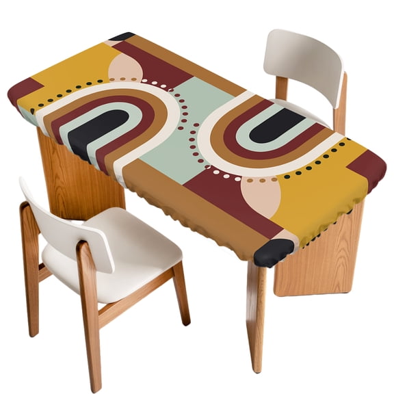 Mid-Century Modern Fitted Rectangle Tablecloth 24" x 50" Geometric Abstract Brick Red Elastic Table Cloth Fits for 4 Foot Folding Tables Waterproof Table Cover for Picnic Camping Outdoor