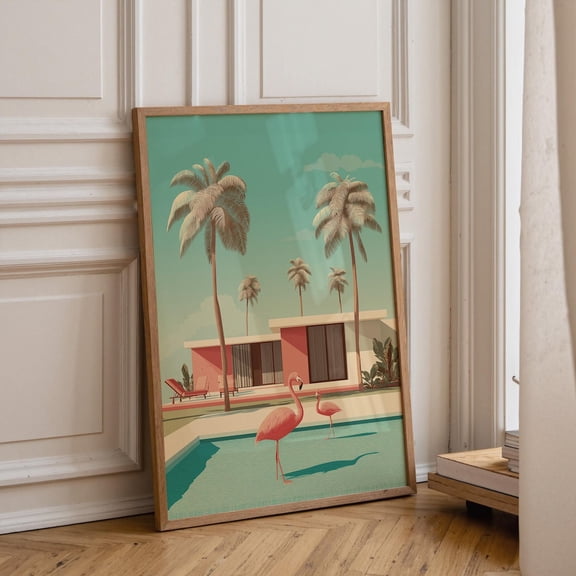 Mid Century Modern Flamingo Pool Palm Springs Retro MCM Desert House Tropical Pink Flamingo Poster Unframed Paper Print