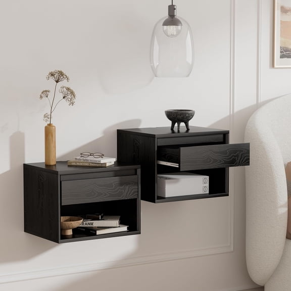 Mid Century Modern Floating Nightstand, Wall Mounted End Table with Drawer and Open Compartment Wooden Bedside Night Stand Small Storage Cabinet for Bedroom, Black