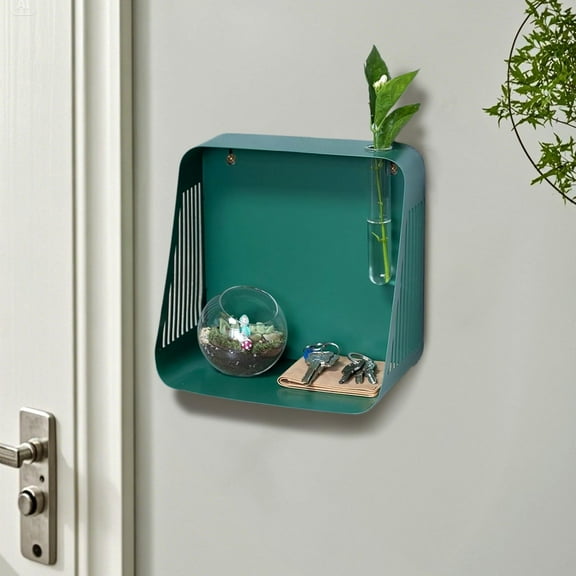 Mid-Century Modern Floating Wall Shelf - Green Iron Bathroom Corner Shelf with Hydroponic Hole & Diffuser Stand, Space-Saving Wall-Mounted Organizer for Entryway, Kitchen, Bathroom