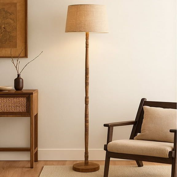 Mid Century Modern Floor Lamp,Hand turned Floor Lamp Wood for Living Room,Stand Lamp with Fabric Lampshade for Bedroom, Study Room and Office, Jute