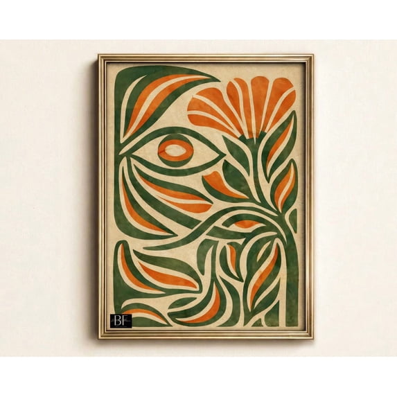 Botanical Flower Graphics Mid Century Modern Floral Wall Art Print, Burnt Orange And Teal ...