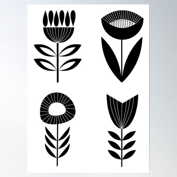 Mid Century Modern Flower Designs - Black And White Poster Wall Art, Modern Wall Decor For Living Room Bedroom, 12x18 UNFRAMED