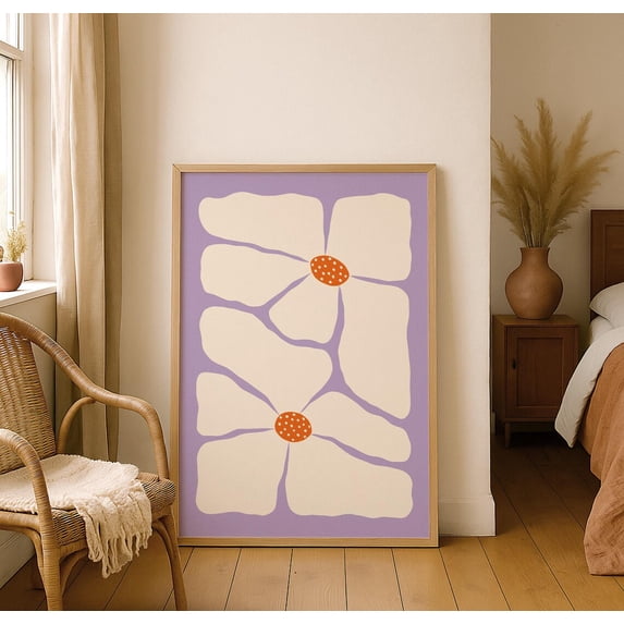 Mid Century Modern Flower Wall Art Print, Abstract Floral Print In Lavender Purple And Cream, Retro Artwork For Mcm Home Decor Home Decor #3968, Stretched Canvas Size 12x18