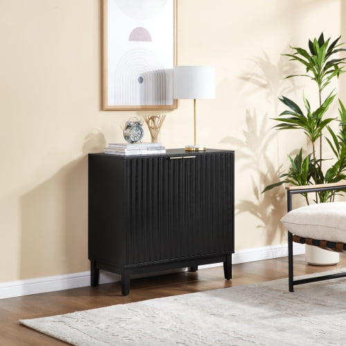 Mid-Century Modern Fluted 2 Door Storage Cabinet Accent Chest Black Wood with Brass Handles for Living Room Dining Entryway