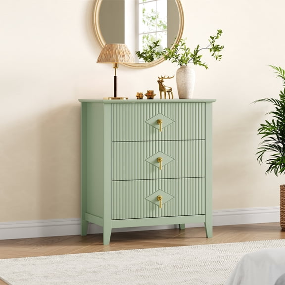 Mid-Century Modern Fluted 3-Drawer Wood Dresser with Metal Handles, Wide Storage Cabinet Nightstand for Bedroom, Living Room & Entryway - Green