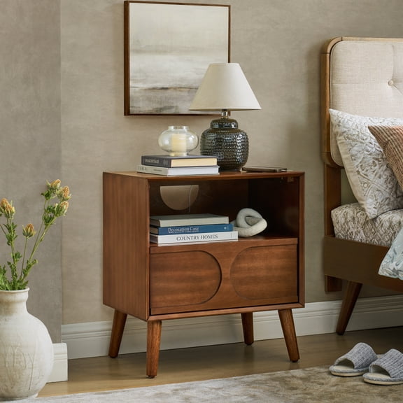 Mid Century Modern Fluted Nightstand with Charging Station, Walnut Brown End Table with Open Storage Space and Drawer, Solid Wood Legs