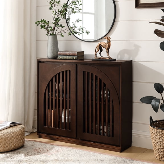 Mid Century Modern Fluted Sideboard Cabinet with 2 Outlet Holes, Narrow Buffet Cabinet for Living Room Entryway, Solid Wood+MDF, Dark Walnut 39L x 9.25W x 32.48H