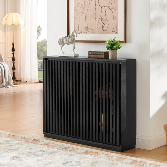 Mid Century Modern Fluted Sideboard Cabinet, Hollowed Out Buffet Storage with 2 Outlet Holes, Narrow Console Table for Living Room, Entryway, Kitchen, Dining Room,Black