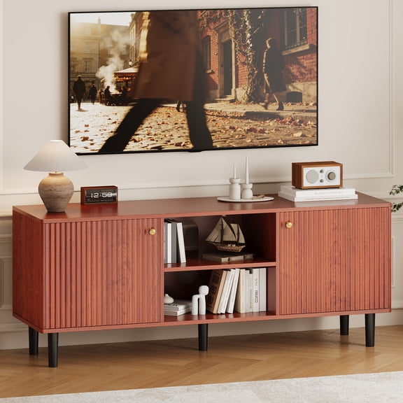Mid Century Modern Fluted TV Stand for TVs Up to 65 in, Wooden Entertainment Center with Adjustable Shelf, 2 Storage Doors, Console Table for Bedroom/Living Room - Walnut