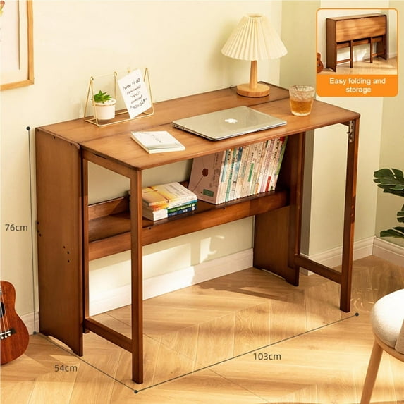 Mid-Century Modern Folding Desk, Bamboo Computer Table for Home Office, Bedroom, and Studio Spaces (Brown)