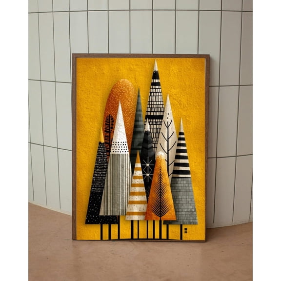 Mid-Century Modern Forest Wall Art, Mustard Yellow Minimalistposter, Abstract Scandinavian Decor, Stretched Canvas Size 8x12
