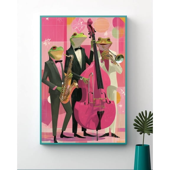 Mid-Century Modern Frog Jazz Band Wall Art, Retro Music Animal Poster, Atomic 1950S Style Abstract Poster, Vintage Pink Teal Minimalist Decor, Unframed Poster Size 12x18