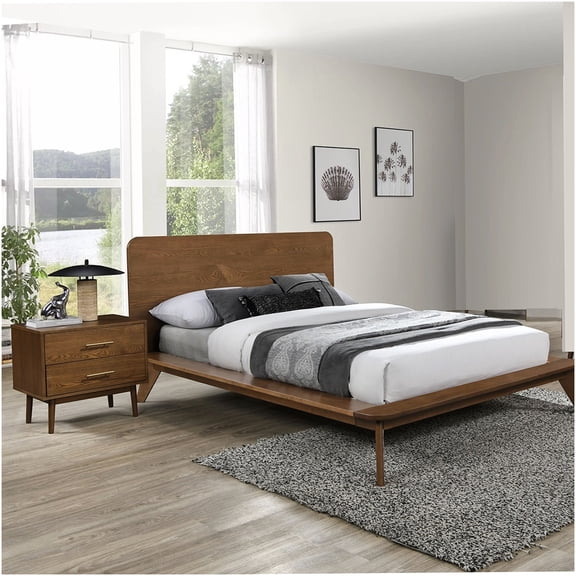 Mid-Century Modern Full Bed Frame Set with Nightstands, Walnut Finish Wood Platform Bed, No Box Spring Needed