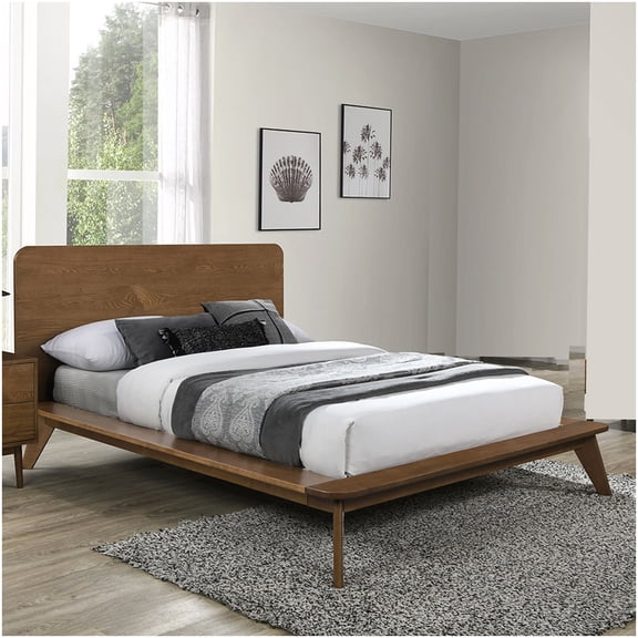 Mid Century Modern Full Platform Bed Frame with Headboard, Walnut Finish, Wood Slat Foundation, No Box Spring Required
