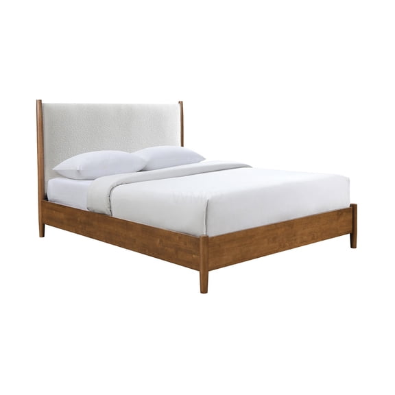 Mid-Century Modern Full Size Bed Frame with Upholstered Headboard, Boucle Fabric, Solid Wood Legs, No Box Spring Needed