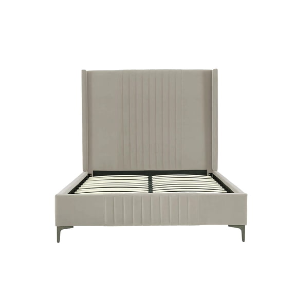 Mid-Century Modern Full Size Bed Frame with Velvet Headboard, Taupe Upholstery, No Box Spring Needed