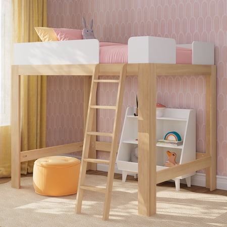 Mid-Century Modern Full-Size High Loft Bed, Blonde/White