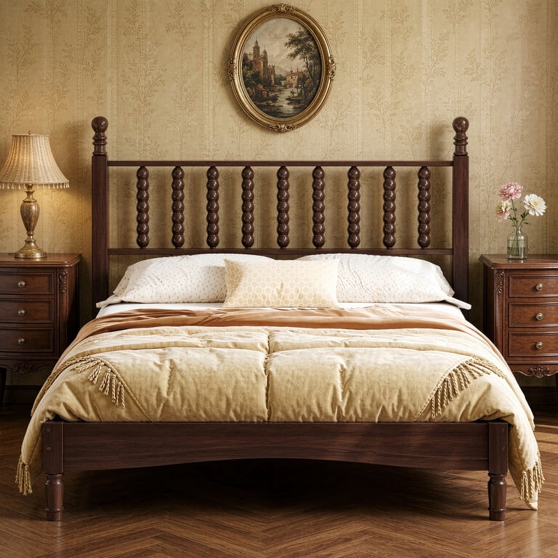 Mid-Century Modern Full Size Wood Platform Bed with Gourd Shaped Headboard, Retro Style Low Profile Bed Frame with Slats Support