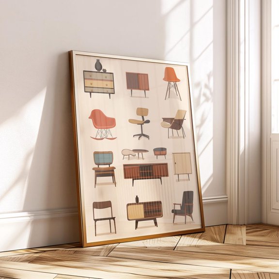 Mid Century Modern Furniture Eames Style Chairs Retro Cabinets MCM Art, Unframed Paper Poster 8x10in