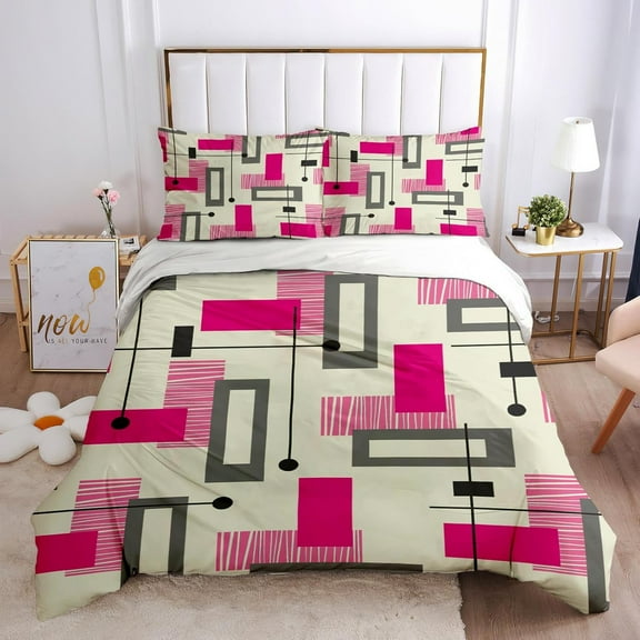 Mid Century Modern Geometry 3 Pieces Duvet Cover Set, Pink Gray Black Lines Washed Microfiber Bed Comforter Duvet Cover with Pillowcases Zipper, Twin(68x86in)