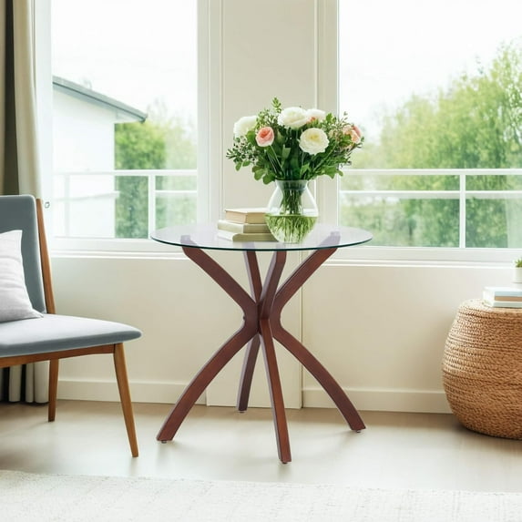 Mid-Century Modern Glass Dining Table with Tempered Glass Top and Solid Wood Legs – 31.5-Inch Circle for 2-4, Kitchen/Dining/Living Room Use