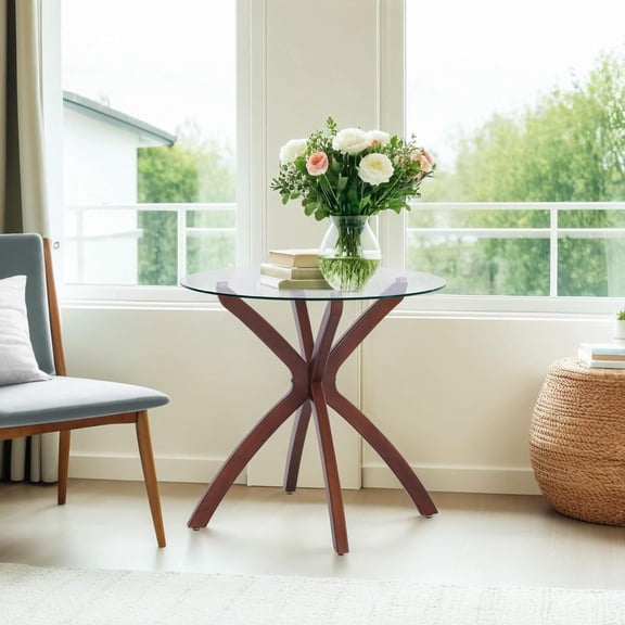 Mid-Century Modern Glass Dining Table with Tempered Glass Top and Solid Wood Legs – 31.5-Inch Circle for 2-4, Kitchen/Dining/Living Room Use