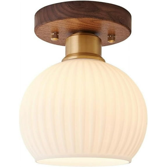Mid Century Modern Glass Semi Flush Mount Ceiling Light Opal Milk Glass Lighting Fixture Ribbed Flower Walnut Wood Hallway Close to Ceiling Lamp for Foyer Kitchen Entryway Porch Laundry Room
