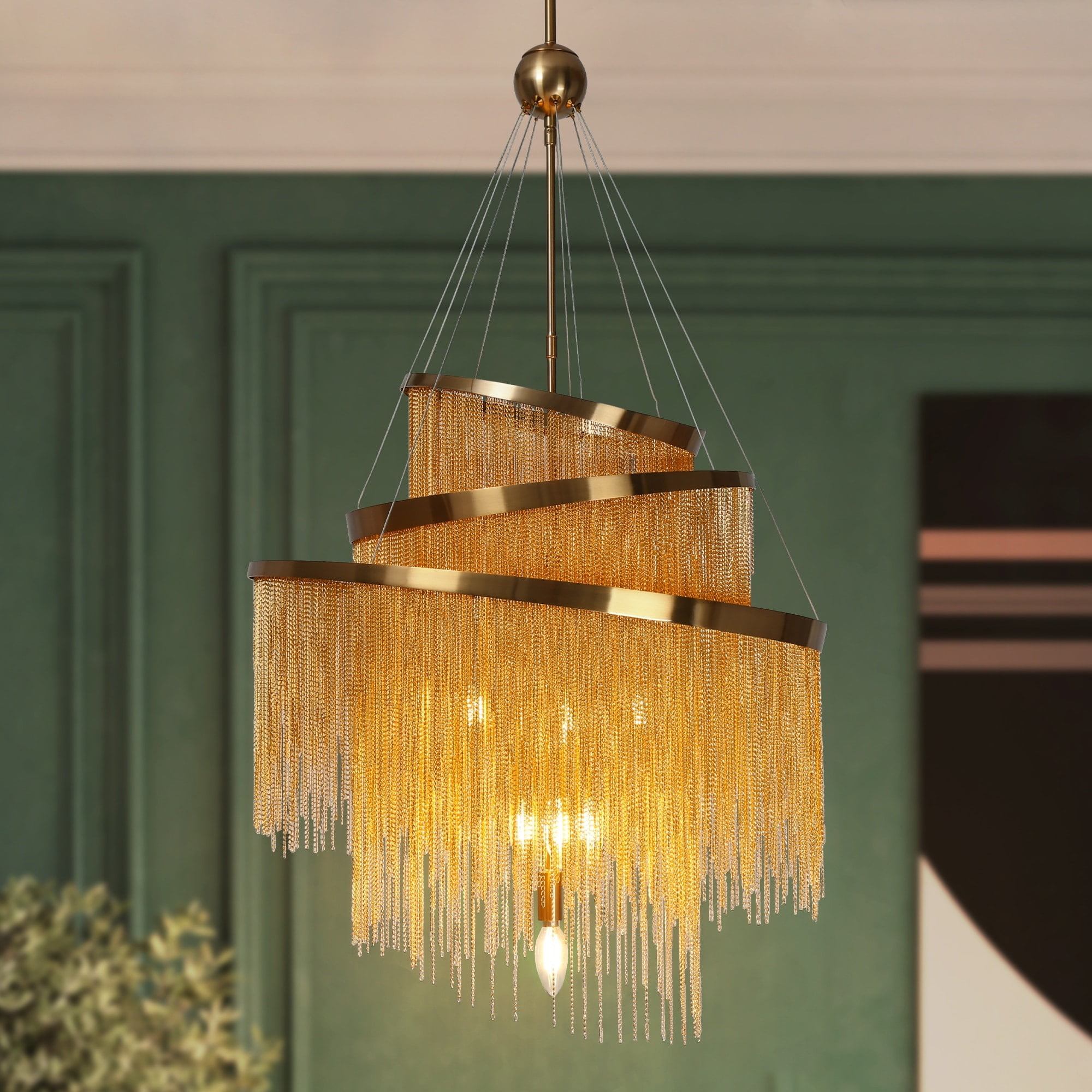 Gold 3-Tier Chain Tassel Chandelier with Fringe Lampshade
