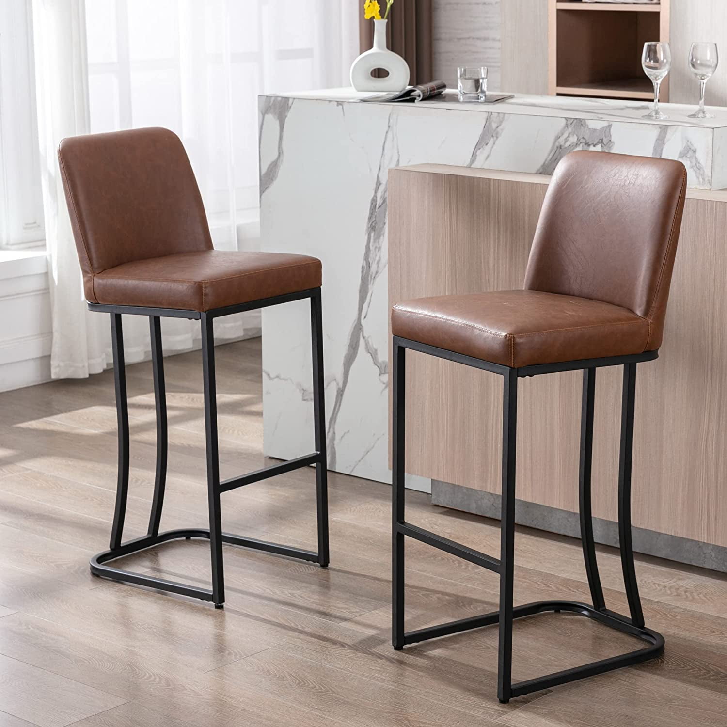 Mid-Century Modern Gold Counter Height Bar Stools with Back 24" Leather ...