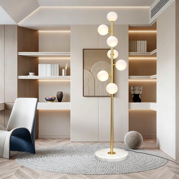 COSITTE Mid-Century Modern Gold Floor Lamp with 7 Globe Glass Shades & Marble Base, Tall Reading Standing Lamp