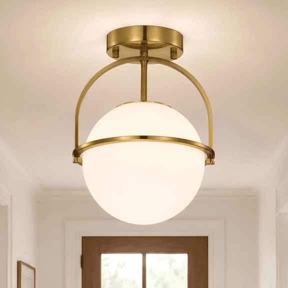 Gold Semi Flush Mount Ceiling Light, 1-Light Frosted Glass Ceiling Fixture for Hallway Entryway Kitchen Bedroom E12 Base
