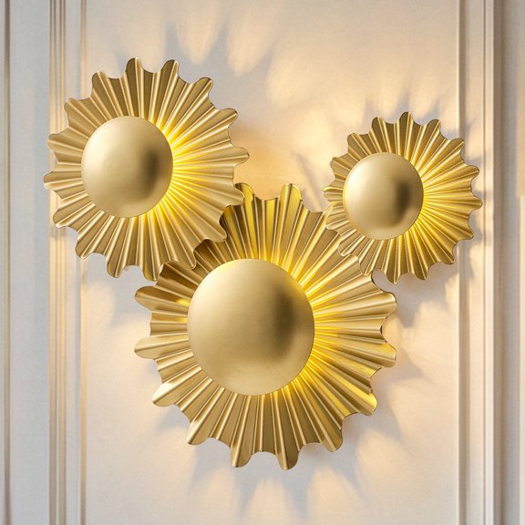 Mid-Century Modern Gold Sunburst LED Wall Sconce, Modern Wall Art Lighting for Living Room, Bedroom, Hallway