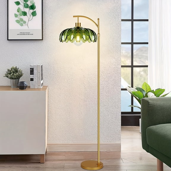 Mid Century Modern Golden Brass Arc Floor Lamp with Green Glass Shade, Dimmable Standing Lamp with Remote, Vintage Retro Boho Flower Floor Light for Living Room Bedroom
