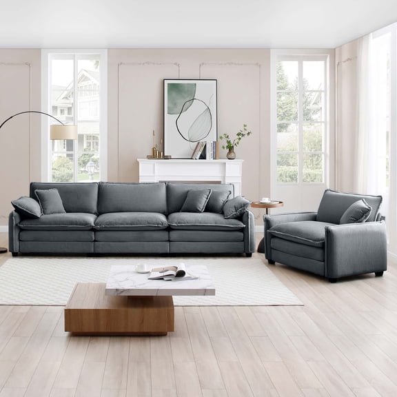 Mid-Century Modern Grey Corduroy Sofa Set: 3-Seater & 1-Seater with 4 Throw Pillows. Retro Style Living Room Furniture for Ultimate Comfort & Chic Decor.