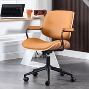 Mid Century Modern Home Office Chair, Adjustable Height Desk Chair with Wheel & Walnut Back, Swivel Rolling Task Chair for Home, Office, Reading Room, Orange