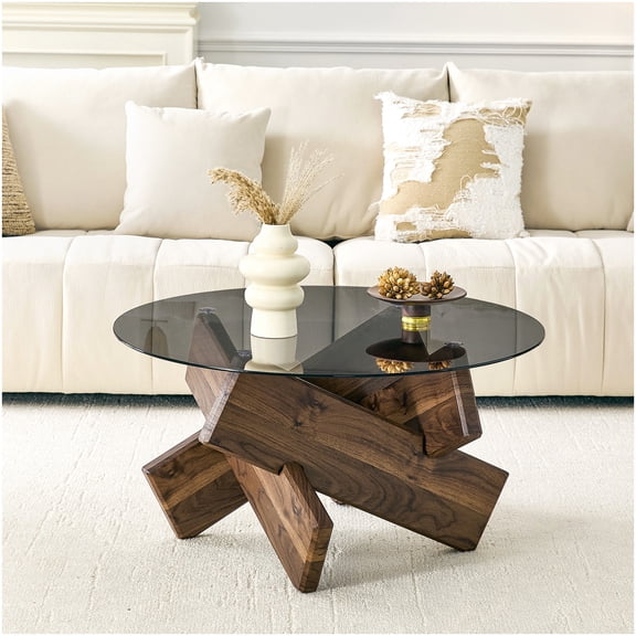 Mid-Century Modern Interlaced X-Base Coffee Table with Round Smoked Tempered Glass Top and Walnut Grain MDF Construction 33.4 Inch Diameter