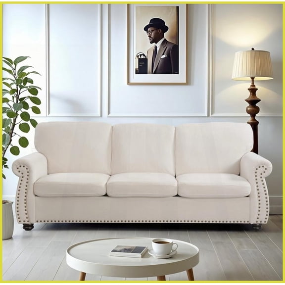 Mid-Century Modern Ivory Velvet 3-Seater Sofa High-Density Foam, Solid Wood Legs Ideal for Living Room, Apartment, Office
