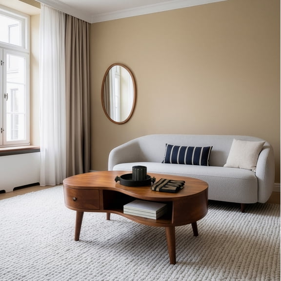 Mid-Century Modern Kidney Shaped Wood Coffee Table with Storage Drawer