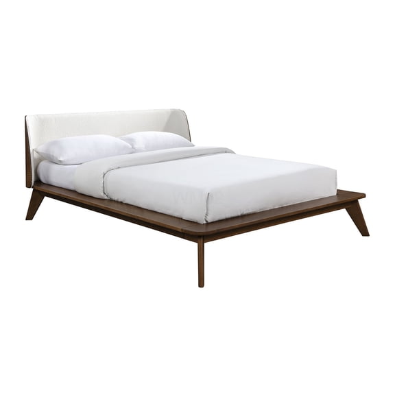 Mid-Century Modern King Bed Frame with Upholstered Winged Headboard, Walnut Beige Platform Bed, No Box Spring Needed
