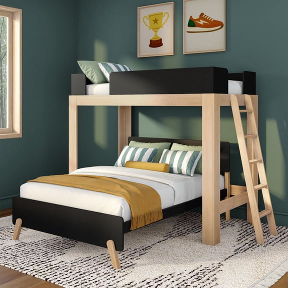 Mid-Century Modern L-Shaped Twin Over Full Bunk Bed With Ladder on End, Blonde/Black