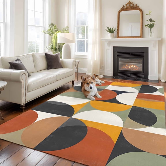 Mid-Century Modern Large Area Rugs 8x10 ft Abstract Geometric Semicircle Green Washable Rug Non Slip Indoor Carpet Absorbent Floor Mat for Living Room Bedroom Dining Room