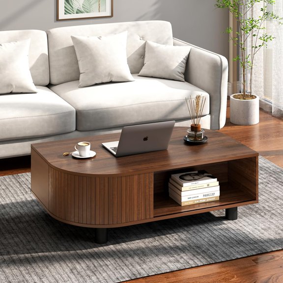 Mid-Century Modern Leaf-Shaped Coffee Table with Storage, Walnut Finish