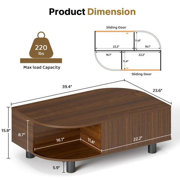 Mid-Century Modern Leaf-Shaped Coffee Table with Storage, Walnut Finish