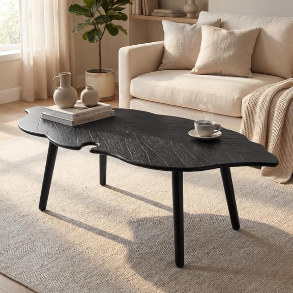 Mid-Century Modern Leaf-Shaped Solid Wood Coffee Table with Carved Design, Black Finish, Small Space Center Table for Living Room
