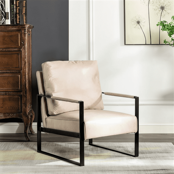 MidCentury Modern Leisure Chair with Durable Metal Frame Spotted Microfiber Accent Chair, Padded Armrests & Thick Seat Cushion, Square Open Design, for Living Room Bedroom Home Office, Light Camel