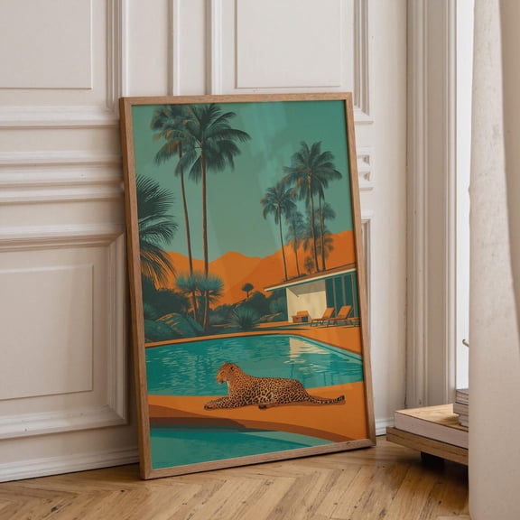 Mid Century Modern Leopard Pool Palm Springs Desert Retro MCM Architecture Tropical Palm Tree Graphic Poster Unframed Paper Print