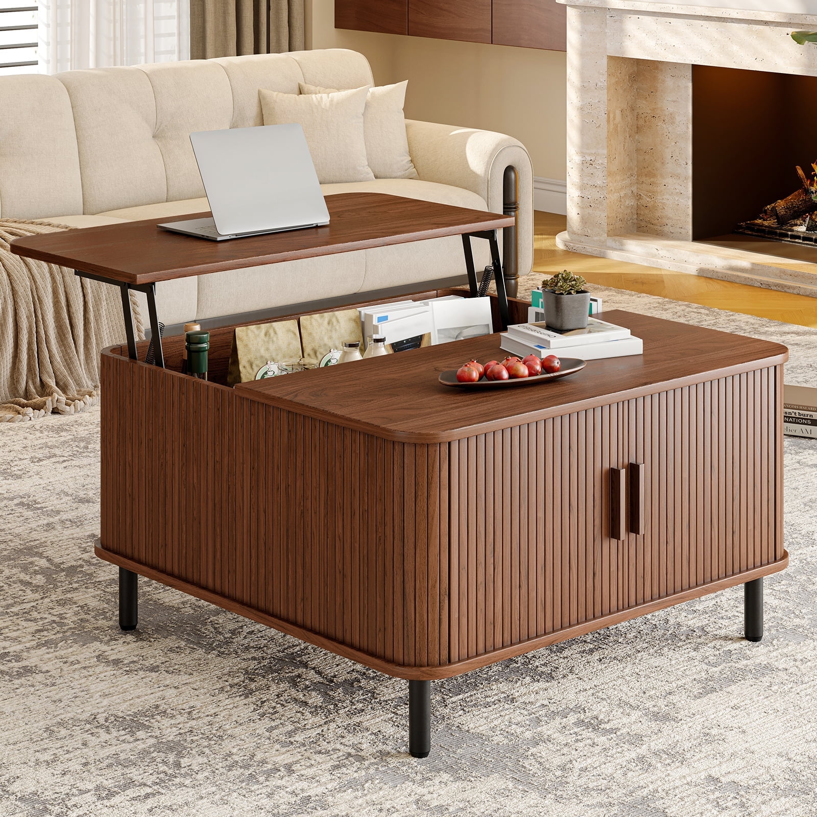 Mid-Century Modern Lift Top Coffee Table, Wood Square Coffee Table with Large Hidden Compartment & Adjustable Footpads, for Home & Office, Walnut